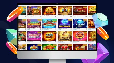 Computer screen displaying rows of various slot games next to colorful gems and chips.
