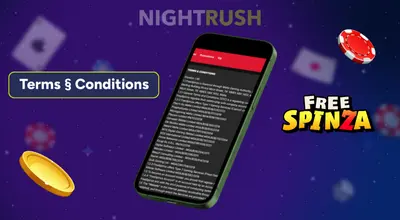 FreeSpinza on a phone, its logo, a terms button, and two casino chips against a starry setting.