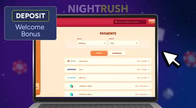 Online casino payment page on a laptop showing deposit options and a Deposit: Welcome Bonus box.