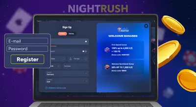 Laptop showing an account sign-up form next to welcome bonus options for casino or sports.