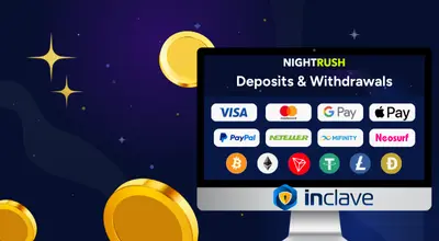 Payments and the Inclave logo on a screen with casino items against a starry setting.