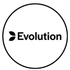 Evolution logo in a circle in black and white.