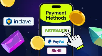 Payment methods and the Inclave logo on a phone with the casino items against a starry setting.