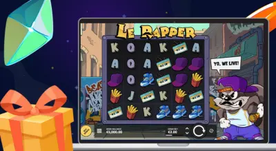 Le Rapper slot on a laptop with casino items, against a starry background.