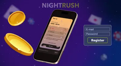 A smartphone shows a Ludios casino sign-up form with a welcome package offer next to two gold coins.