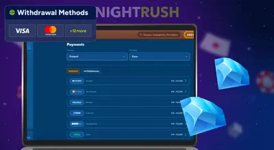 A laptop screen displays various payment methods for withdrawals in Finland, including bank options and major credit card logos.