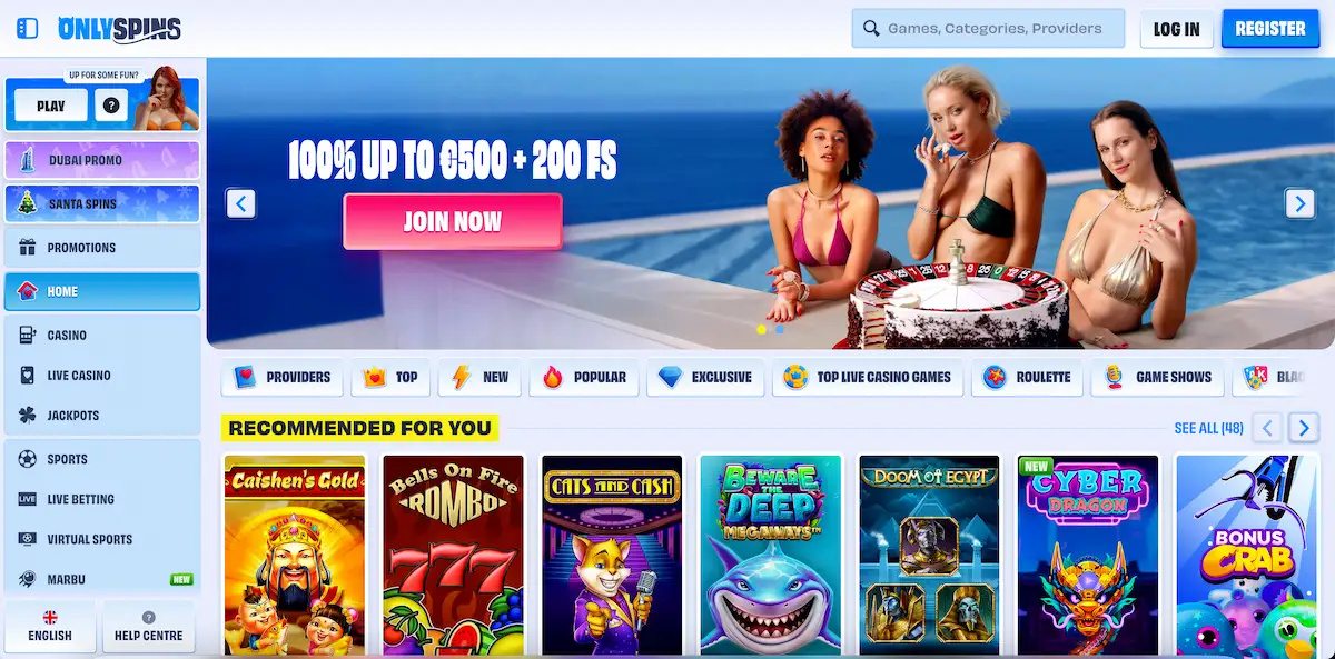 OnlySpins homepage.