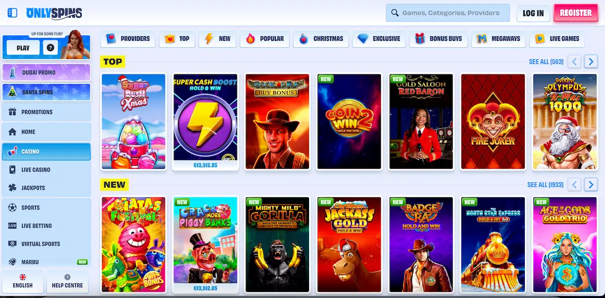 OnlySpins game selection.
