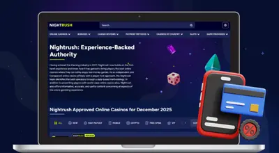 Laptop showing Nightrush website, phone & card icon next to it.