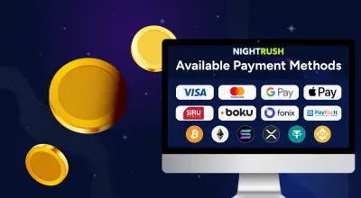 Laptop showing available payment methods like Visa, Google Pay, etc and coins next to it.