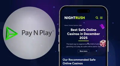 Smartphone showing Best Safe Online Casinos next to a Pay N Play logo.