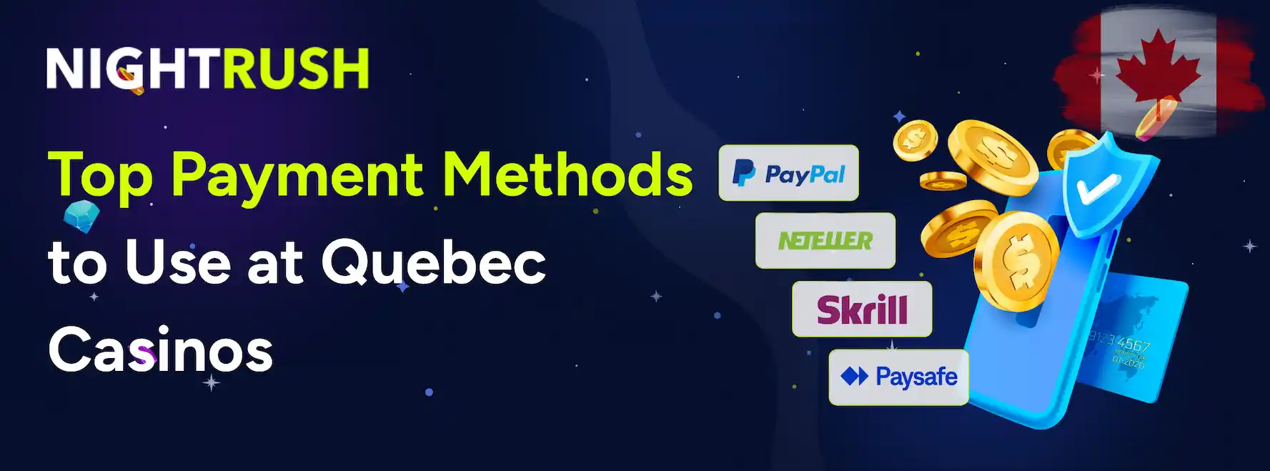 Banner listing top payment methods for Quebec casinos: PayPal, Neteller, Skrill, and Paysafe.