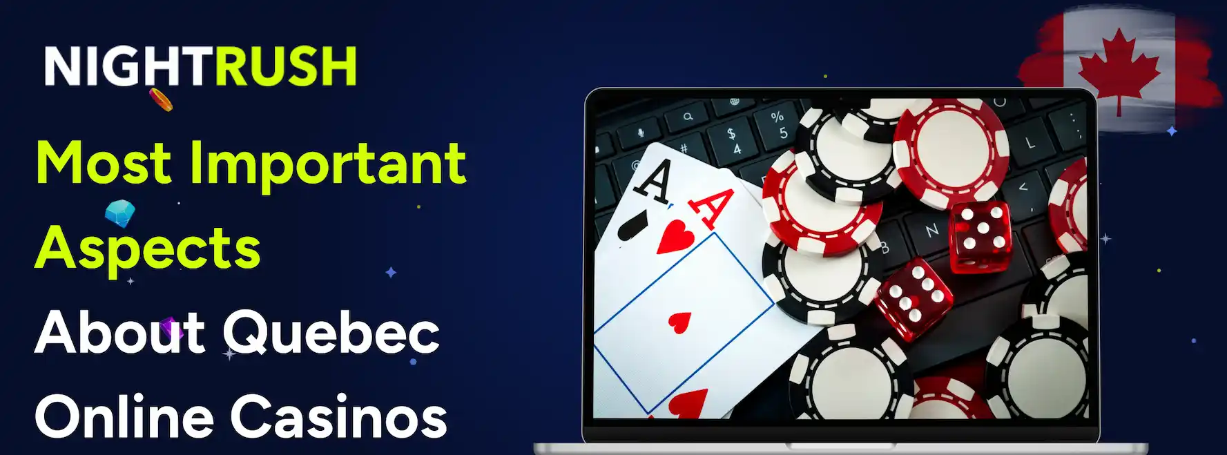 Banner about Quebec Online Casinos featuring two aces, chips, and a die.