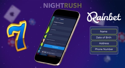 Rainbet casino on a phone with a personal detail and a seven against a starry setting.