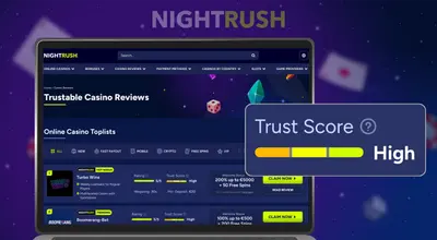 A laptop screen shows Trustable Casino Reviews with a Trust Score: High graphic.