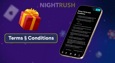 Smartphone displaying a detailed list of Bonus Terms and Conditions next to a gift box.
