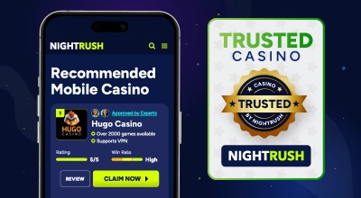Mobile casino recommendation screen with trusted casino badge.