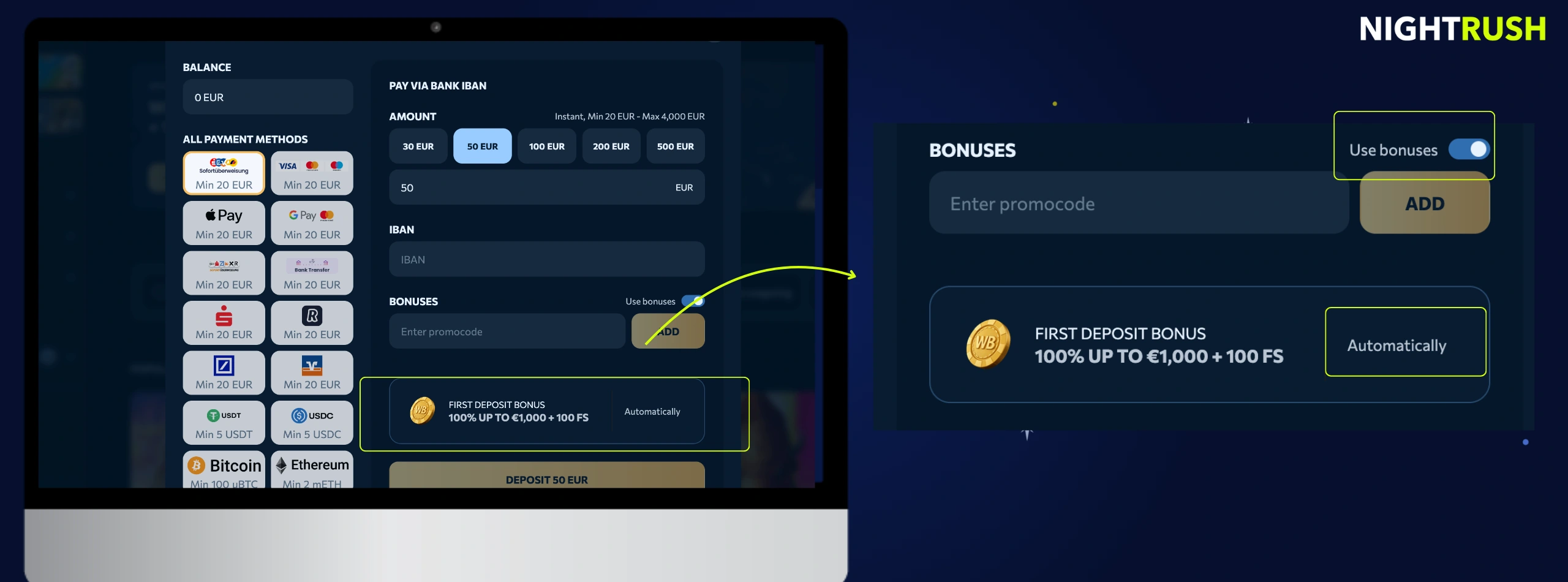 A desktop monitor displays a casino deposit page next to an enlarged view of the bonus selection area.