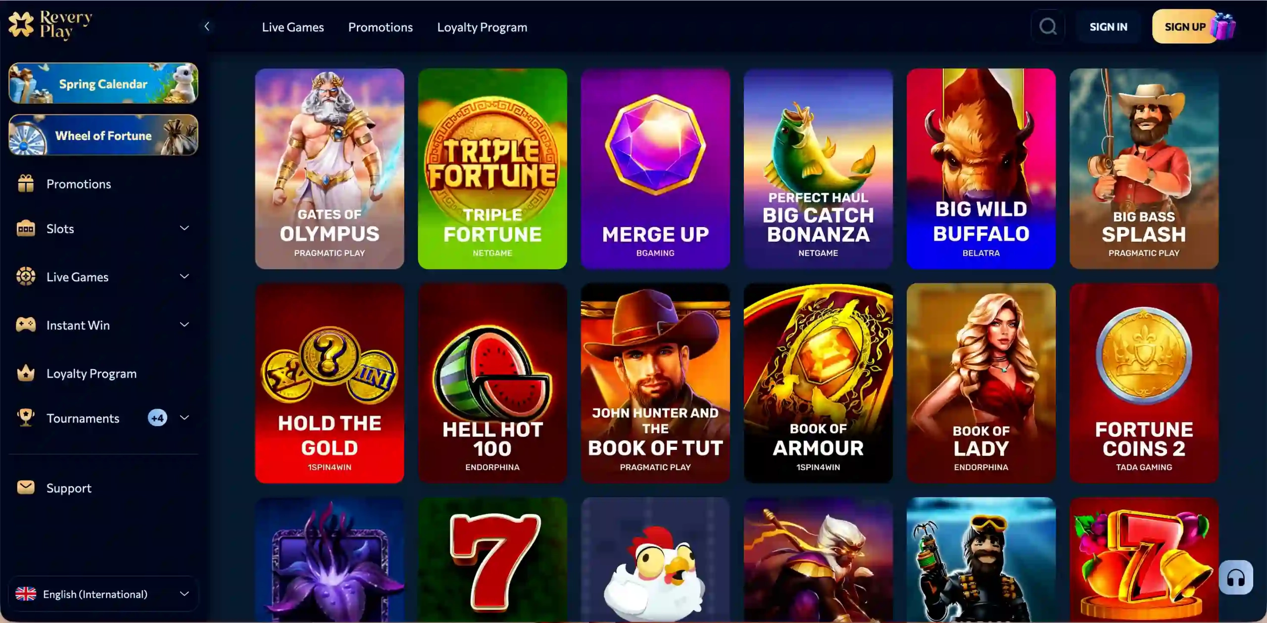 Revery Play Casino game selection.
