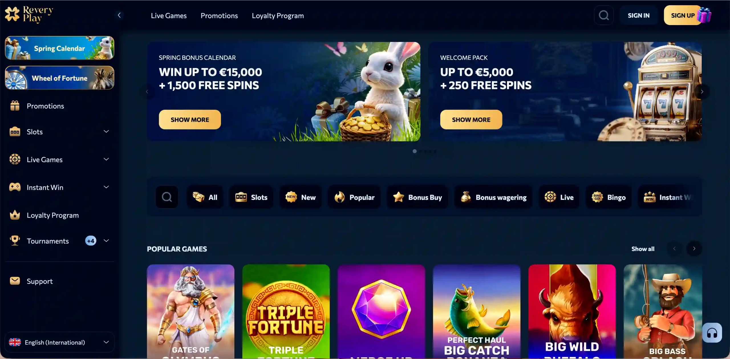 Revery Play Casino homepage.