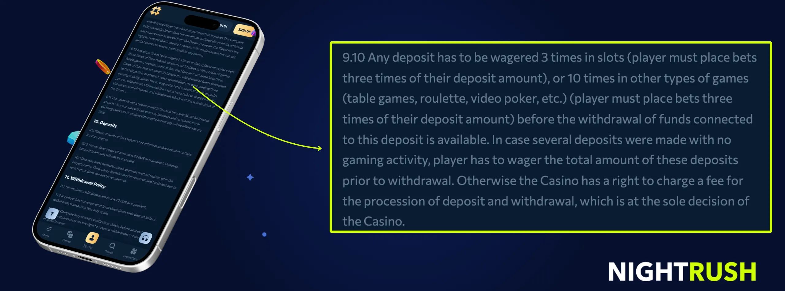 A laptop displays withdrawal options with a callout highlighting Revery Play withdrawal limits.