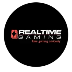 Realtime Gaming logo in a circle in black, red and white.
