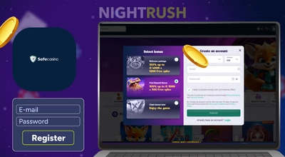 SafeCasino registration on a laptop with a register against a dark background.