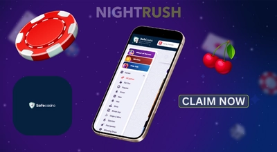 SafeCasino on a phone with its logo and claim button against a dark background.