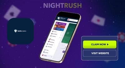 SafeCasino on a phone with its logo and claim button against a dark background.