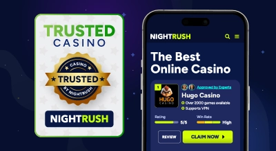 Trusted casino by Nightrush banner next to Hugo Casino.