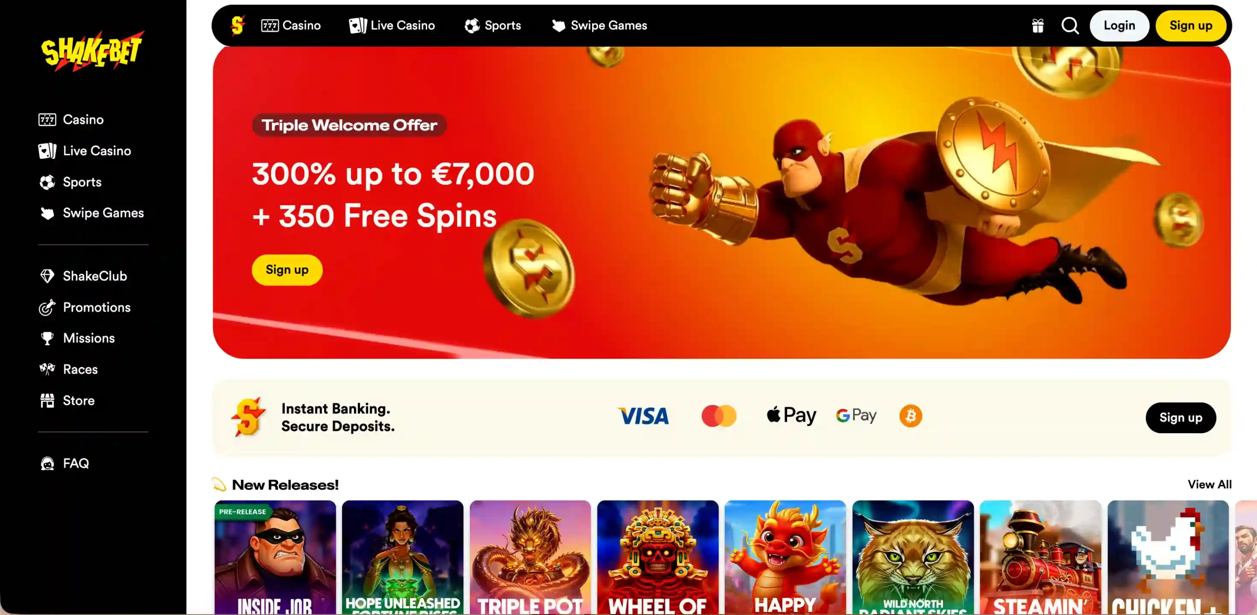 ShakeBet Casino homepage.