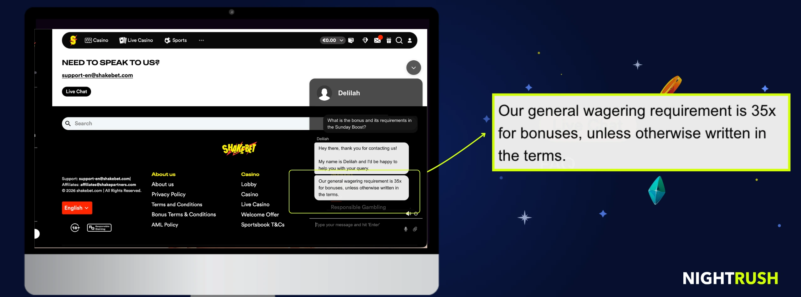 A monitor displays a live chat window with a callout box explaining a 35x general wagering requirement.