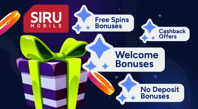 Infographic showing popular casino bonuses, gift package, Siru Mobile logo.