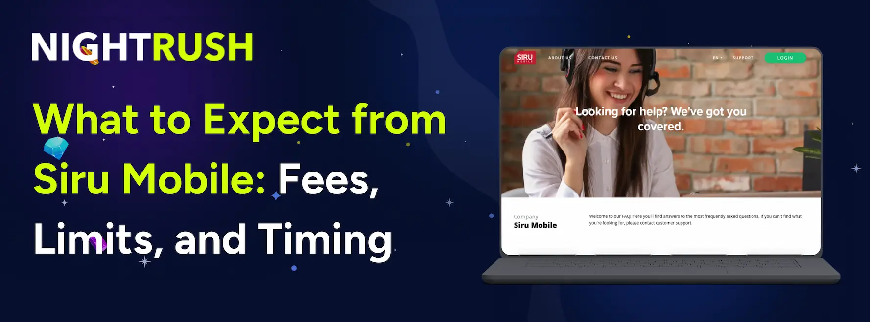 Text against blue background. Laptop displaying Siru Mobile website with a customer service agent.