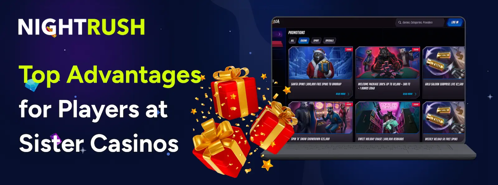 A Nightrush banner promoting sister casino benefits.