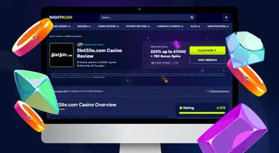 Laptop shows Nightrush website, SlotSite.com Casino review page.