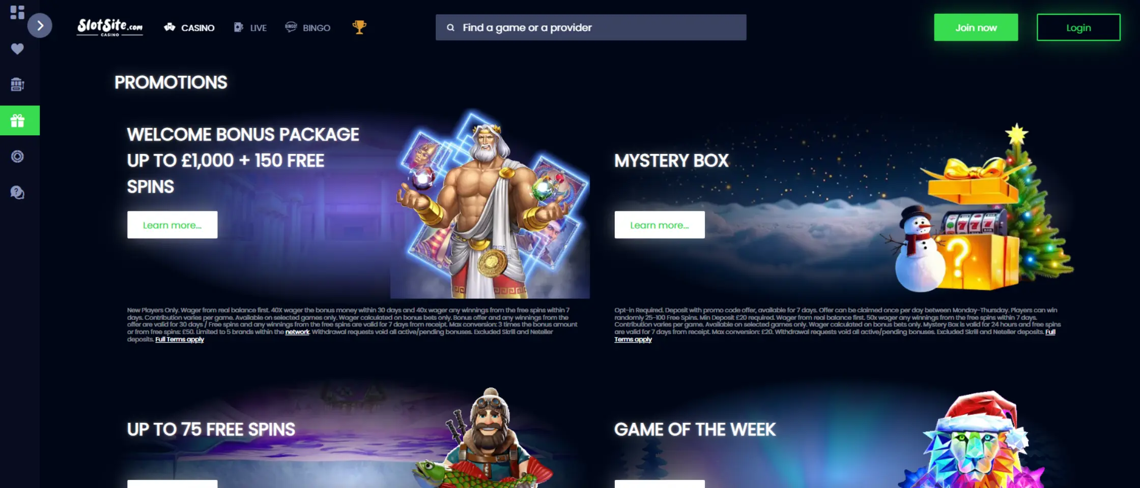 Screenshot of slotsite.com casino's promotions page