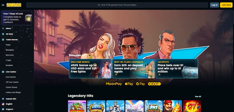 Snatch Casino homepage.