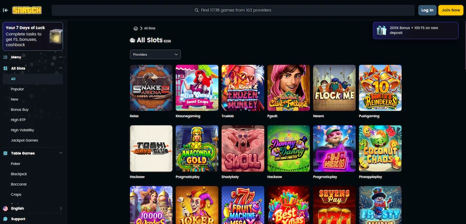 Snatch Casino slot games page.