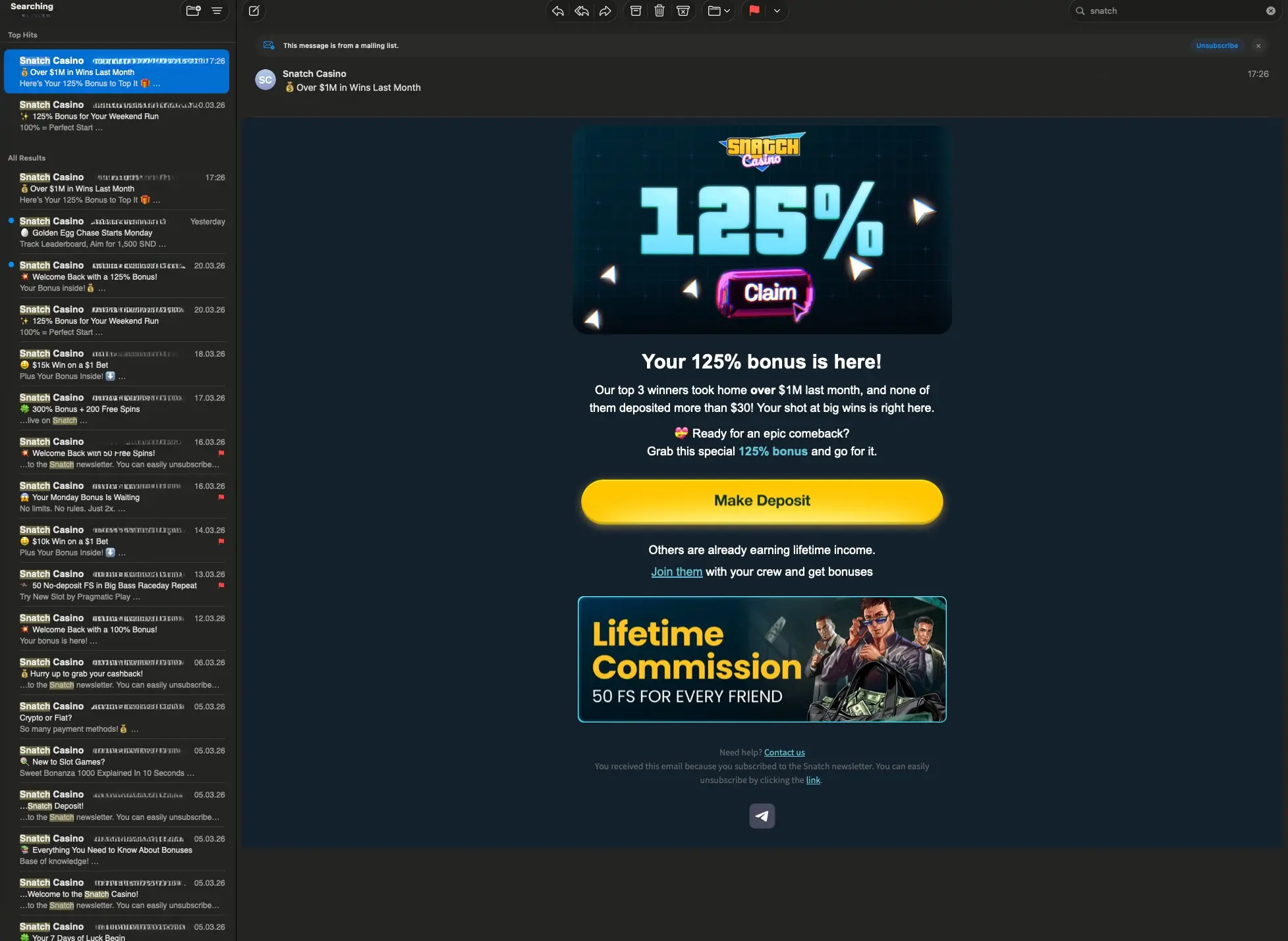 Snatch Casino Bonus Email