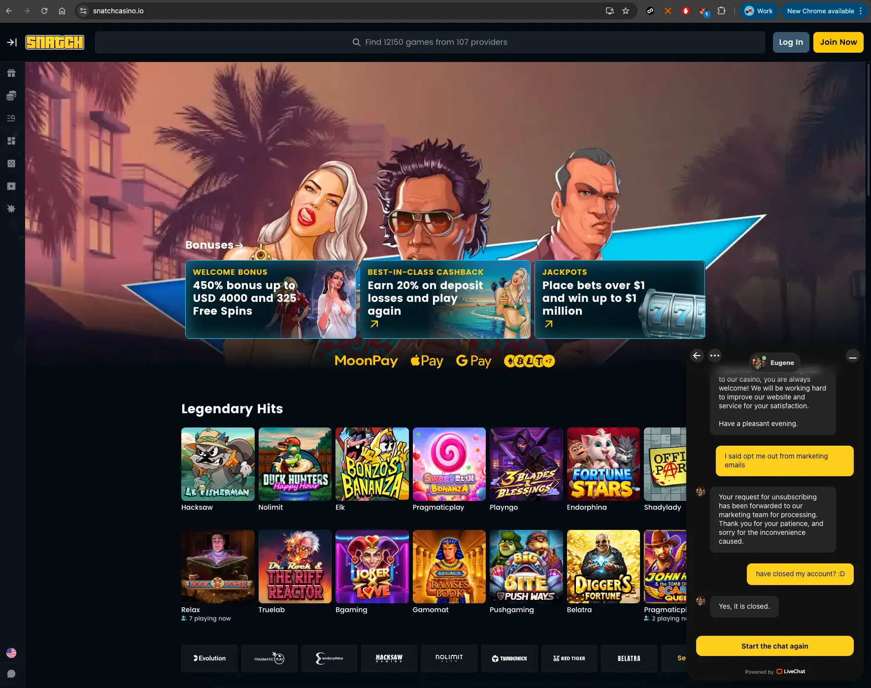 Snatch Casino Homepage And Live Chat