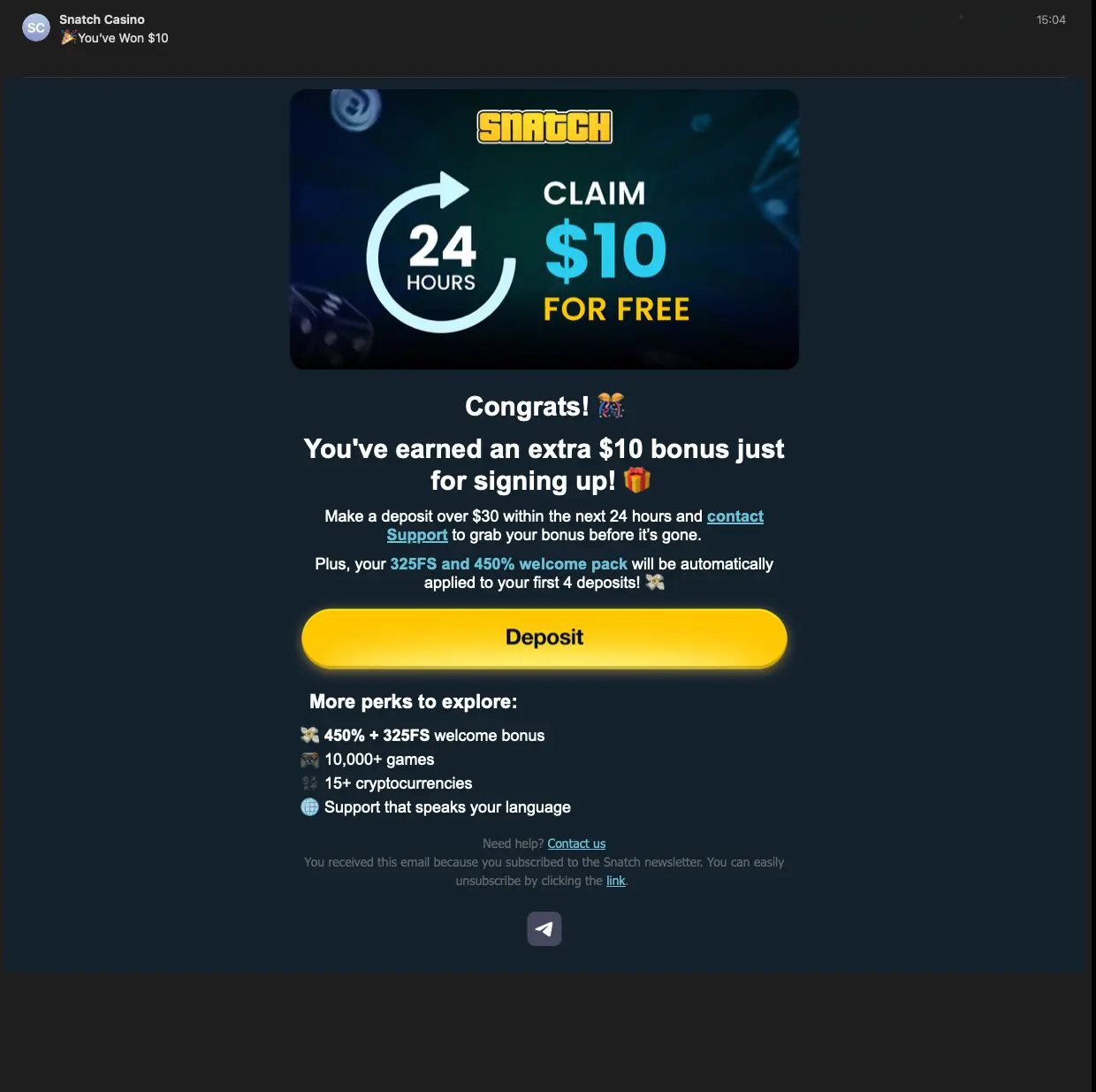 Snatch Casino Sign Up Bonus Email