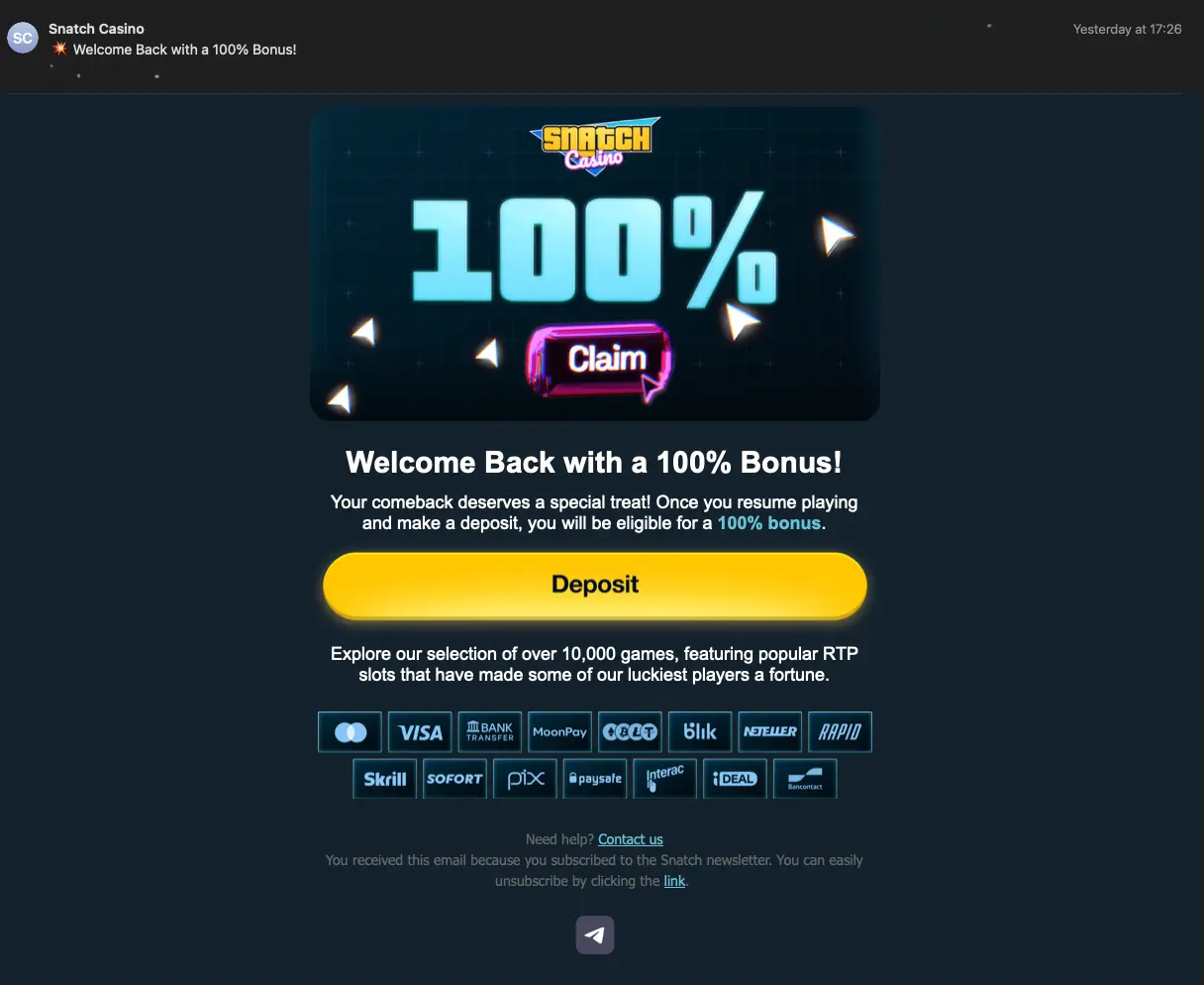 Snatch Casino Welcome Bonus Email