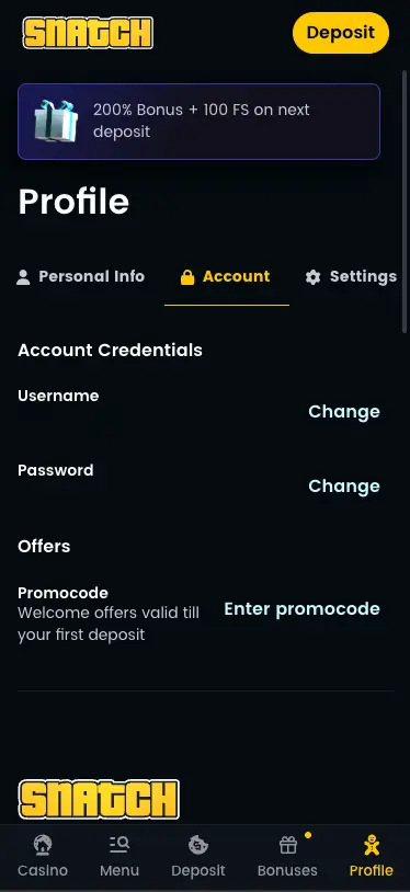 Snatch Casino Mobile Account Page