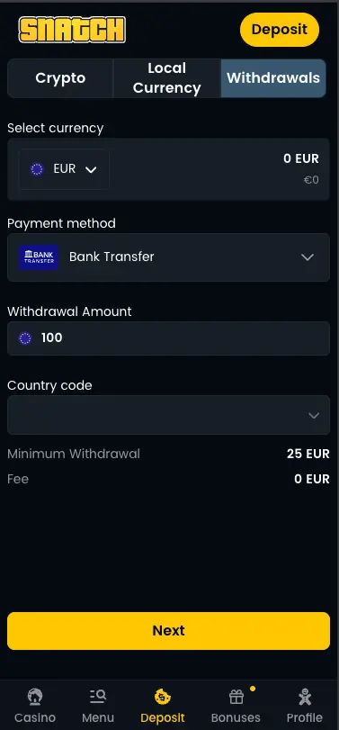 Snatch Casino Mobile Bank Transfer
