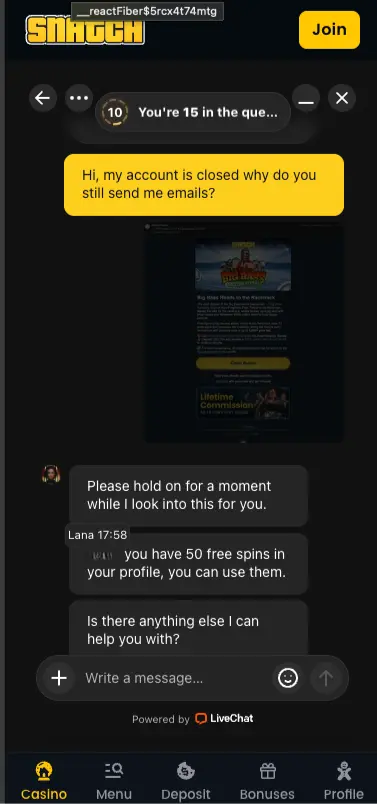 Snatch Casino Mobile Live Chat