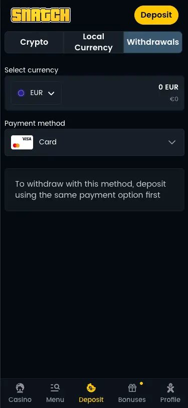 Snatch Casino Mobile Card Withdrawal