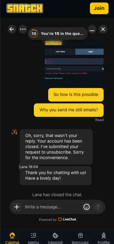 Snatch Casino Mobile Chat