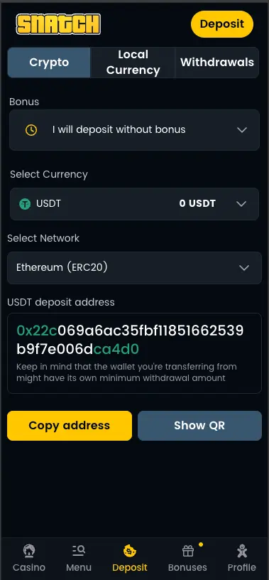 Snatch Casino Mobile Crypto Page