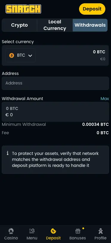 Snatch Casino Mobile Crypto Withdrawal
